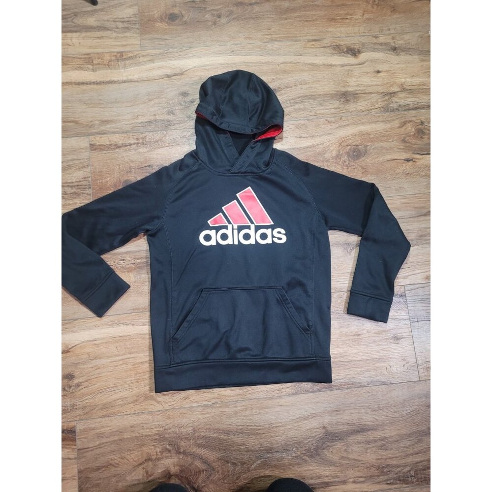 Adidas Youth Hoodie Black Red Logo Pullover Sweatshirt Size M 10/12